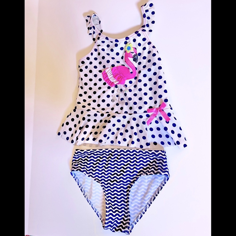 FLAPDOODLES Swimsuit|Navy Polka Dot w/Sequin Flamingo|SZ 5|EUC Bottoms nvr worn